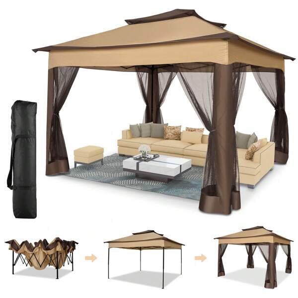 COBIZI Pop-Up Gazebo Tent Simple Outdoor Gazebo Waterproof Upgrade Portable Gazebo With Mosquito Net Double Ventilated Roof And Carrying Bag For Yard Garden ﻿