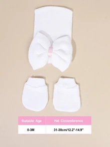 1 Set 0-3M Newborn Infant Bow Decor Hospital Hat + Anti-Scratch Mittens, Soft, Comfortable, Suitable For Baby Casual Knitted Hat - 1Set - View 2