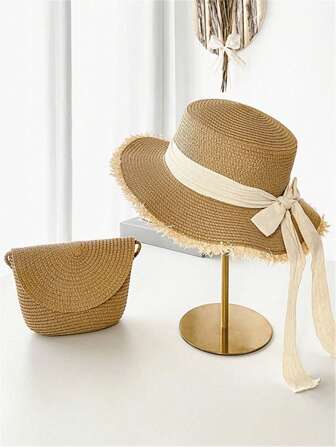 1 Straw Hat + 1 Straw Bag Set - 1 Women's Summer Bohemian Style Fringed Bow Flat Top Straw Sun Hat And 1 Straw Crossbody Bag, Beach Cooling Breathable Sunscreen Hat And Phone Pouch, Foldable And Portable For Outdoor Casual, Vacation Travel And Daily Matching