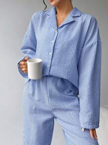 Nina Bonheur 2pcs Women Striped Button Front Long Sleeve Pajama Set + Drawstring Pants, Cute Sleepwear Homewear, Cozy Outfit, Fall Winter Clothes