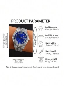 3Pcs Set: Quartz Watch With Silver Case & Rhinestone Bezel, Blue Dial & Band; Matching Blue Rhinestone Bracelet & Necklace Jewelry Set, Party/Teen Gift For Her - Blue - View 5