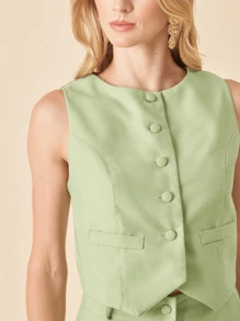 Linen Set With High Collar Vest And Pants With Lined Button Details - Green - View 3