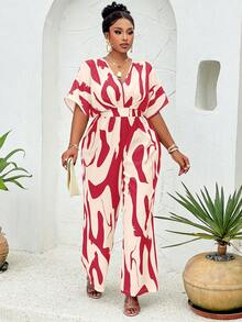 BIUBIU Allover Print Batwing Sleeve Belted Jumpsuit(Random Print) - Apricot Red Flower - View 2