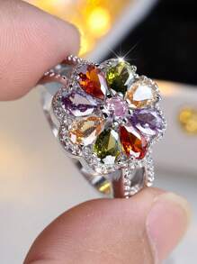 Tsnamer 1pc Elegant Floral Rainbow Colorful Cubic Zirconia Ring For Women Girl Daily Party Jewelry Gifts