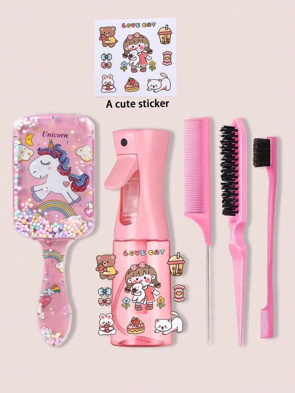 Set de 6 brochas, (6.8oz/200ml) Botella de rociado de niebla fina continua, Brocha de dibujos animados de unicornio, Brocha para adultos y niñas, Brocha de borde de cola de ratón, Barbería, Set de brochas para peluquería