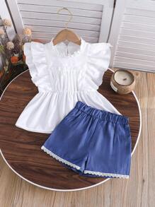 2pcs/Set Girls Fashion Elegant Ruffle Sleeve Round Neck Top And Floral Decorated Denim Effect Shorts Vacation Summer Set