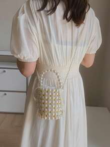 Mini Faux Pearl And Rhinestone Decor Fashion Casual Bucket Bag, Elegant Pearl Bag - Gold - View 3