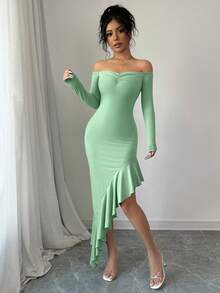 abyoxi Solid Color Sexy Off Shoulder Long Sleeve Ruched Ruffle Asymmetric Hem Bodycon Dress, Casual, Simple, Elegant, Fantasy, Party, Autumn And Winter New Women's Clothing