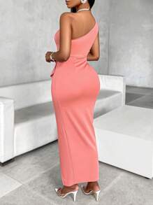 AIJ Women's Sexy Solid One Shoulder Ruffle Trimmed Split Thigh Bodycon Long Dress For Party Cocktail - Baby Pink - View 2