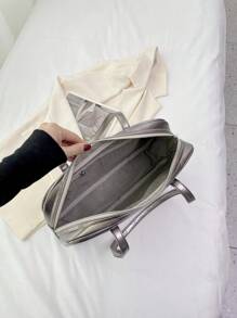 女士时尚灰色手提包，大容量校园风格单肩包，适合学生、购物、日常使用 - 灰色 - 查看 8
