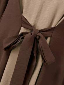 Fashionable Women's Patchwork Contrast Color Modest Waist Elastic Cuff Round Neck Long Sleeve Dress, Dignified And Proper Eid Spring - Brown - View 3