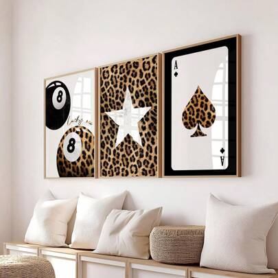 Set Of 3 Unframed Leopard Star Lucky 8 Ball Art Poster Aesthetic Girly Room Dopamine Decor Painting Canvas Print Minimalist Preppy Wall Picture For Dorm,Apartment,Bedroom,Living Room,Modern Home Decoration
