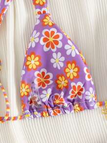 2pcs/Set New Soft Cup Adjustable Strap Printed Tie Front Elegant Party Bikini Swimwear, Summer Beach Fashion Swimwear For Women - Purple - View 4