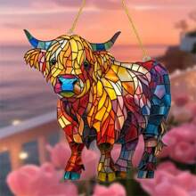 1 pieza Atrapasol de acrílico plano en 2D con diseño de vaca de las tierras altas, ornamento de colección de luces de jardinería, colgante de ventana, regalo para amantes de la naturaleza y de los animales, decoración con tema de animales de granja, perfecto para sala de estar, porche y decoración de habitaciones