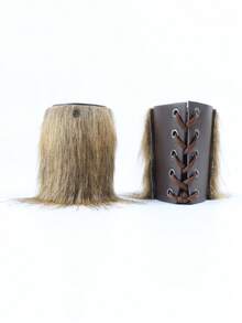 1 对中世纪 PU 皮革护甲臂套毛皮装饰护腕系带护臂维京骑士手套腕带角色扮演道具 - 棕色 - 查看 5