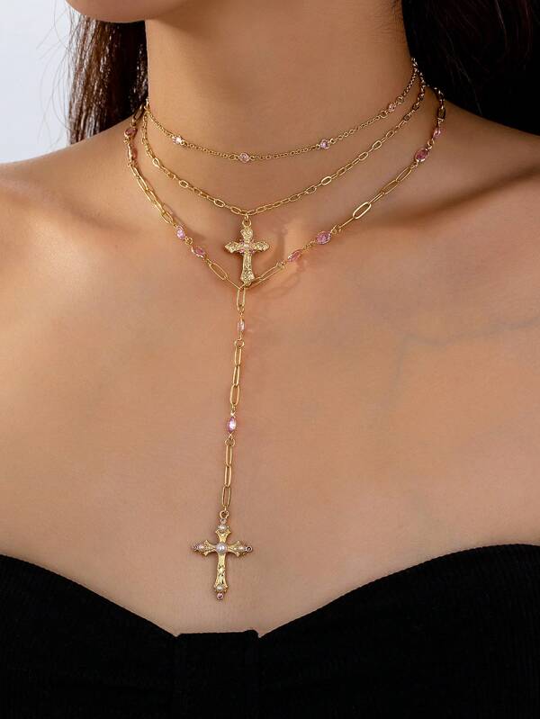 3 Pcs Pink Zirconia Crystal Decor Cross Necklaces Set For Women Beads Necklaces , Women Y Chain Necklaces Set