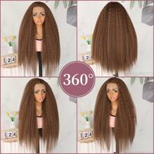 Tóc giả ren tổng hợp thẳng Kinky không cần keo HD ren nổi bật màu nâu vàng ombre dài thẳng tự nhiên yaki đường chân tóc 13x4 sợi chịu nhiệt miễn phí nhổ sẵn với tóc con 26 inch mật độ 180% cho phụ nữ mặc hàng ngày dự tiệc - Màu dương cầm - Xem 7