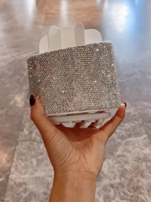 1pc Multifunctional Rotating Storage Box, Rhinestone Decorated Cosmetic Organizer For Lipstick, Eyebrow Pencil, Eyeliner, Makeup Brushes, Beauty Desk Top Pen Holder - Silver - View 6