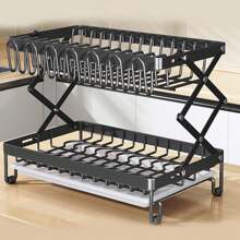 Dish Drainer Rack, Foldable 2 Tier Sink Drainer Rackwith Drip Tray, Large Capacity Dish Drainer Organizer Shelf With Utensil Holder, Cup Rack For Kitchen - Black - View 4