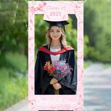 1Pc-Polyester-2025 Graduation Photo Booth Props Pink Bow Banner, Class Of 2025 Glitter Large Size Graduation Photo Booth Props, Graduation Party Favors Supplies Decorations For College 2025Graduates - Multicolor - View 1