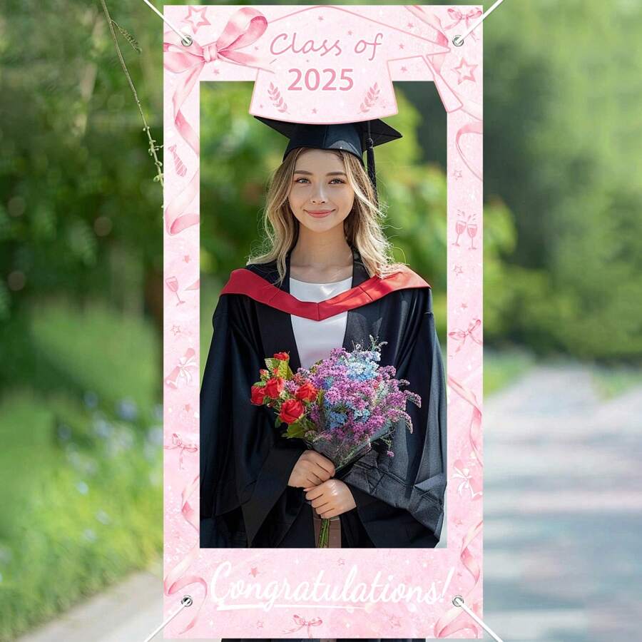 1Pc-Polyester-2025 Graduation Photo Booth Props Pink Bow Banner, Class Of 2025 Glitter Large Size Graduation Photo Booth Props, Graduation Party Favors Supplies Decorations For College 2025Graduates - Multicolor - View 1