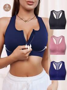 3pcs Women Seamless Zipper Sports Bra With Sheer Panels, Elastic Outerwear Enhances Chest & Back For Fitness - 彩色 - 查看 1