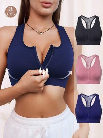 3 pièces Soutien-gorge de sport sans couture pour femmes avec panneaux transparents, veste extensible qui met en valeur la poitrine et le dos pour le fitness