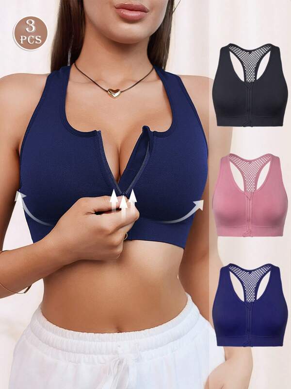 3 Stücke nahtlose Reißverschluss-Sport-BHs für Damen mit transparenten Einsätzen, elastische Oberbekleidung verstärkt Brust und Rücken für Fitness