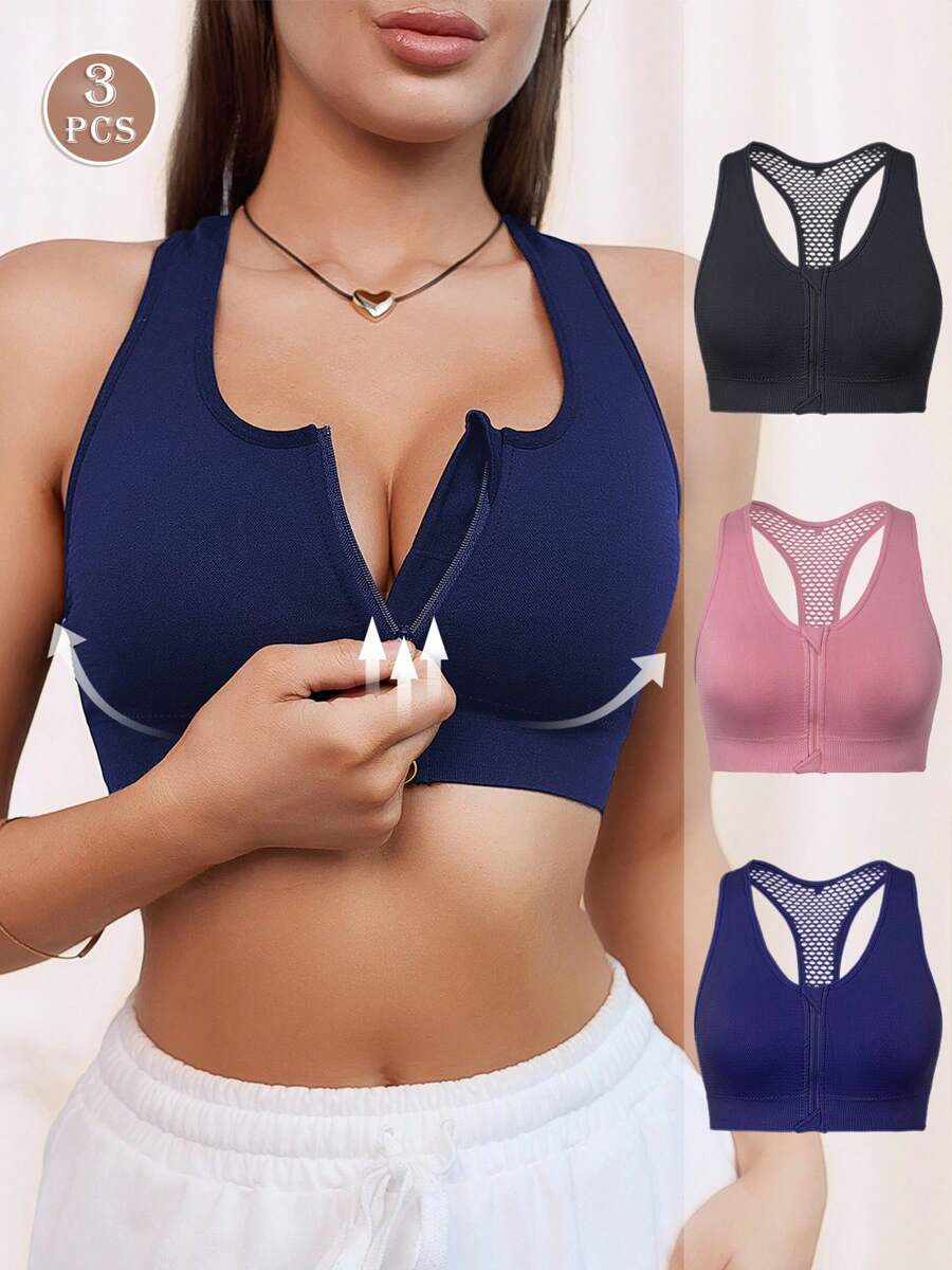 3pcs Women Seamless Zipper Sports Bra With Sheer Panels, Elastic Outerwear Enhances Chest & Back For Fitness - 彩色 - 查看 1