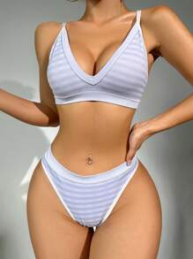 2Pcs Seamless Light Purple Lingerie Set (Bra + Thong), Wire-Free Bra Women's Underwear - Mauve Purple - View 3