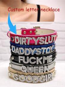 1Pc Custom Letter Collar, Name Collar, Text Collar Necklace, Multicolor Custom Diamond Name Leather Collar For Human, Sparkling Diamond Collar, Handmade Collar For Women, Valentine's Day Gift Custom Women's Necklace, Name Collar, Text Collar Necklace, Role Play Initials Necklace, Gift For Her