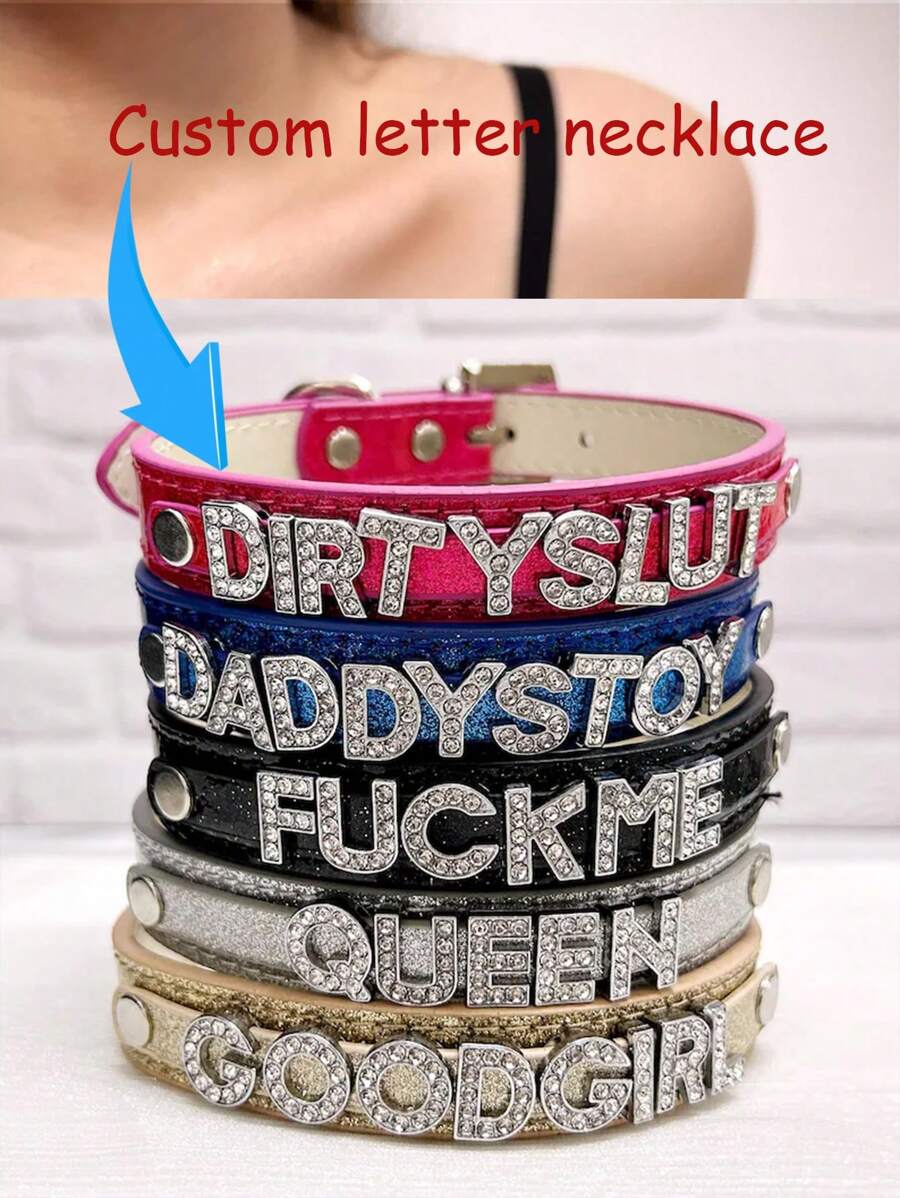 1Pc Custom Letter Collar, Name Collar, Text Collar Necklace, Multicolor Custom Diamond Name Leather Collar For Human, Sparkling Diamond Collar, Handmade Collar For Women, Valentine's Day Gift Custom Women's Necklace, Name Collar, Text Collar Necklace, Role Play Initials Necklace, Gift For Her