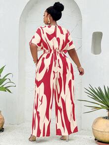 BIUBIU Allover Print Batwing Sleeve Belted Jumpsuit(Random Print) - Apricot Red Flower - View 3