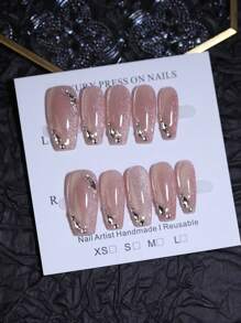 Móng giả dán thủ công 100%, móng tay đính đá, trang trí móng tay, màu hồng nude bóng cao cấp, hiệu ứng mắt mèo, 10 chiếc. Móng giả dài vừa, hình quan tài, hiệu ứng mắt mèo, có thể tái sử dụng, dùng hàng ngày và dự tiệc. Quà tặng làm móng. Móng giả dán thủ công. - Bụi hồng - Xem 14