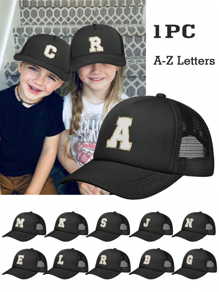 1 pezzo Cappellino da baseball regolabile per bambini, personalizzabile con lettere dall A alla Z, 24 lettere, cappello protettivo dal sole da esterno per bambini e bambine - nero - Visualizzare 1