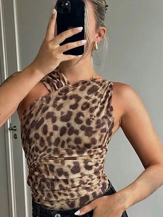 Leopard Print Asymmetric Ruched Bodysuit With Mesh Panels