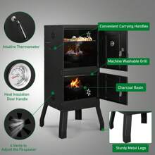 Outdoor Smoker With Double Doors, 2 Detachable Grill Netting Smoking Racks, Charcoal Pan & Water Pan, 4 Air Vents, Thermometer, Vertical Charcoal Smoker For Barbecue Camping Backyard Grill - 黑色 - 查看 4