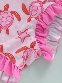 Toddler Girls Turtle Print Rash Guard Swimsuit - Long Sleeve Ruffled Romper Ideal Swimwear For Little Ones - Pink - View 9