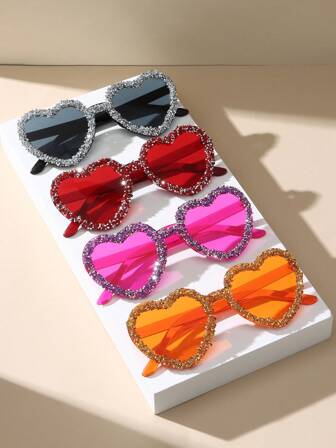 1pc/3pcs/5pcs Y2K Retro Dopamine Heart Shaped Fashion Fashion Glasses With Handmade Mosaic Rhinestones, Suitable For Women At Weddings, Beaches, Parties And Outdoor Activities, Bright Dopamine Colors For Halloween, Valentine's Day, Christmas