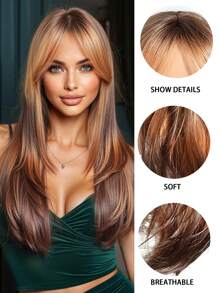 Perruque femme élégante, stylée et naturelle en fibre chimique de couleur dégradée, cheveux longs de 20 pouces, coupe de cheveux verticale en couches naturelle avec frange. Matériau synthétique résistant à la chaleur, convient pour les vacances, les voyages, les fêtes de famille, les rôles et l'usage quotidien - Ombré - Voir 7