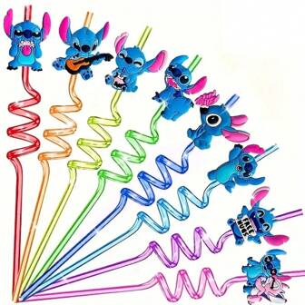 Disney 16 pièces/8 pièces Nouveaux autocollants de pailles créatifs Disney Stitch. Autocollants de paille personnalisés pour décorations de fête d'personnages d'anime réutilisables pour fête d'anniversaire/vacances. Fournitures scolaires