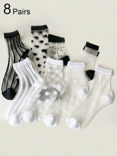 4 pares/8 pares Medias hasta el tobillo de malla en blanco y negro para mujeres, medias de seda transparente cristalina de estilo casual, delgadas para primavera y verano