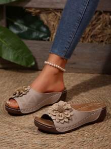 Sandali con zeppa spessa da donna, ciabatte con plateau, impermeabili e antiscivolo, scarpe casual estive con apertura sul davanti e decorazione floreale