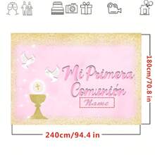 自定义名称自定义洗礼背景横幅金色圣杯天使十字架绿叶设计适用于洗礼派对、保佑上帝、我的第一个、家庭聚会背景装饰横幅、派对用品、肖像摄影背景道具乙烯基个性化 - 彩色 - 查看 5