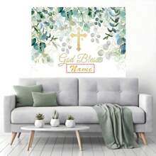 自定义名称自定义洗礼背景横幅金色圣杯天使十字架绿叶设计适用于洗礼派对、保佑上帝、我的第一个、家庭聚会背景装饰横幅、派对用品、肖像摄影背景道具乙烯基个性化 - 彩色 - 查看 7