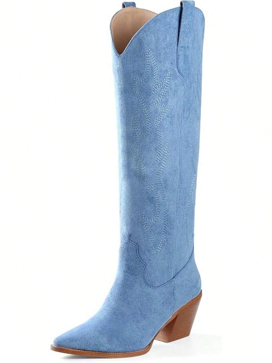 Cowgirl Boots Women Knee High Boots Pointed Toe And Block Heel Cowboy Suede And Faux Leather Boots With Embroidered - 藍色 - 查看 1