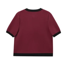 Blusa feminina de malha de manga curta LEILEIBEI, novidade em estilo francês, com blocos de cores, botões, gola redonda e modelagem ajustada. - Borgonha - Ver 2