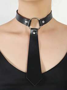 Black PU Leather Collar Faux Necktie Design Sexy Lingerie Accessories Holiday Costume Wear Accessories