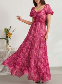 Women's Flower Print Long Dress Short Puff Sleeve Sweetheart Neck Tunic Waist A-Line Dress - Màu tím - Xem 2