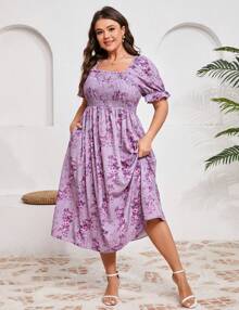 Yesfashion Womens Puff Sleeve Cute Summer Dress Plus Size Smocked Floral Midi Dress Ruffle Square Neck Casual Dress - Purple Floral - 查看 4
